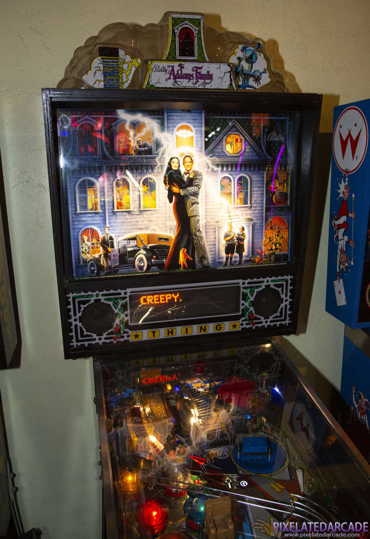 Addams Family, The Photo: The Addams Family pinball cabinet - Backbox and upper playfield
