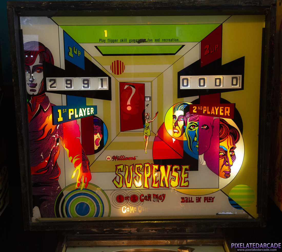 Suspense Photo: Suspense pinball cabinet - Backglass (illuminated)