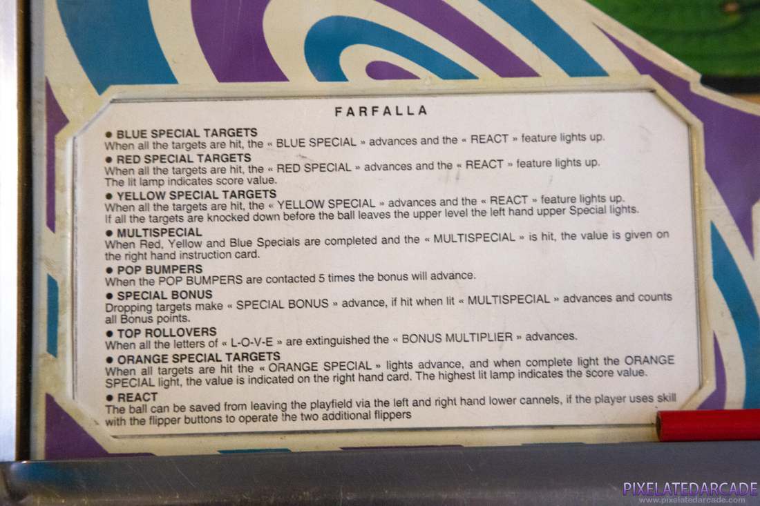 Farfalla Photo: Farfalla pinball cabinet - Instruction card