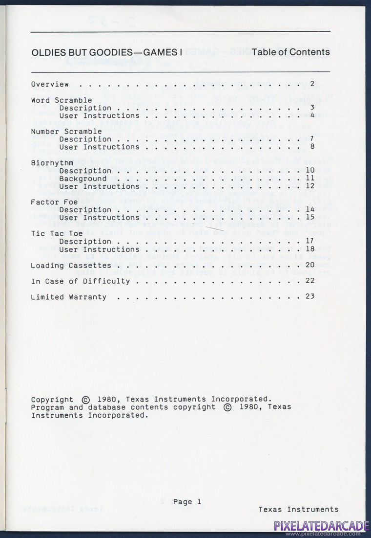 Oldies But Goodies - Games I: Instruction Manual - Page 1