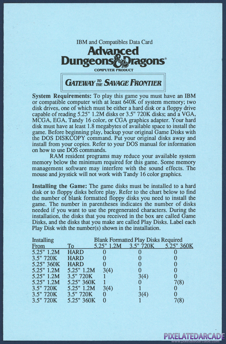 Gateway to the Savage Frontier: IBM and Compatibles Data Card - Page 1
