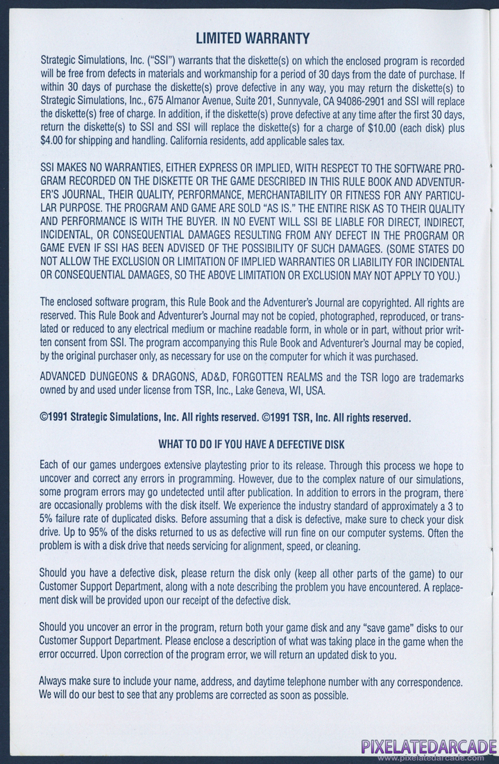 Gateway to the Savage Frontier: Rule Book - Warranty Information
