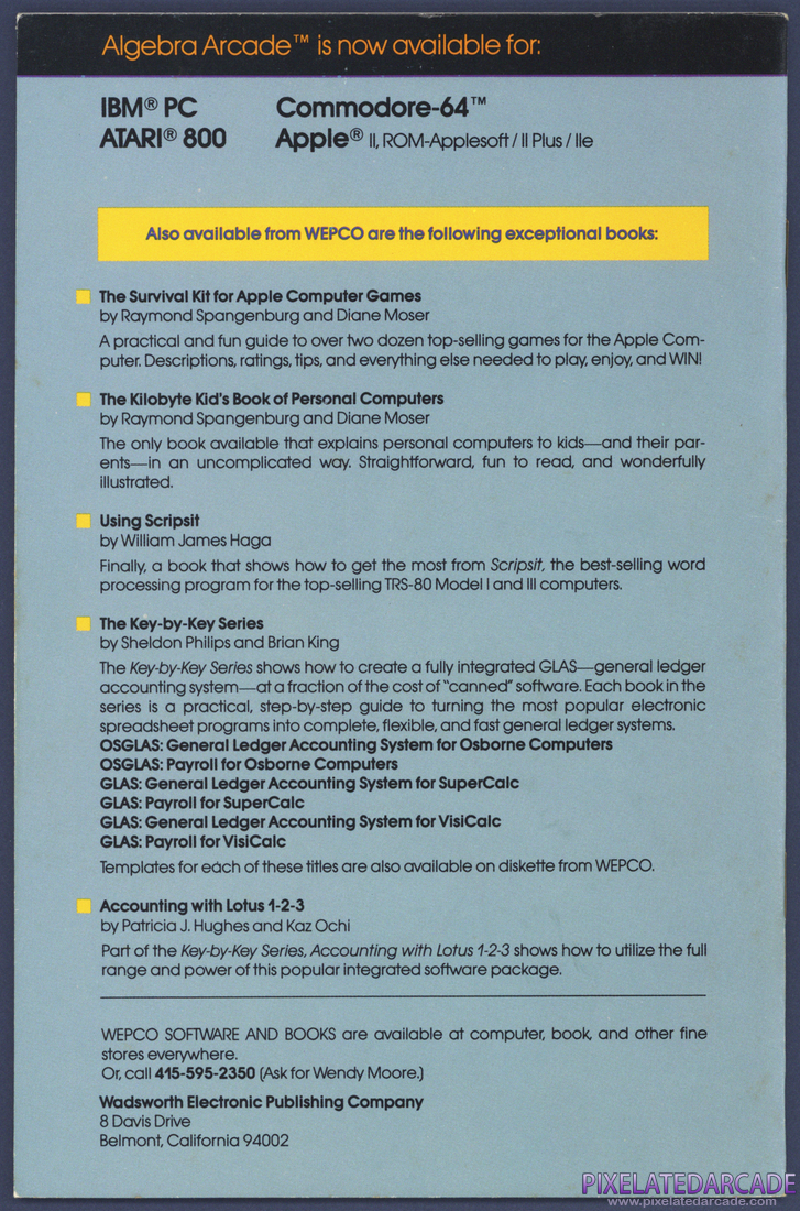 Algebra Arcade: Instruction Manual - Back Cover