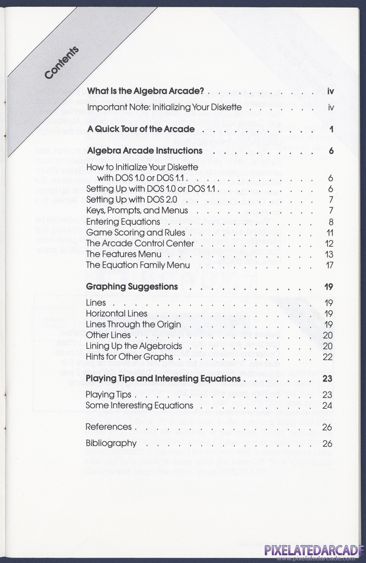 Algebra Arcade: Instruction Manual - Table of Contents