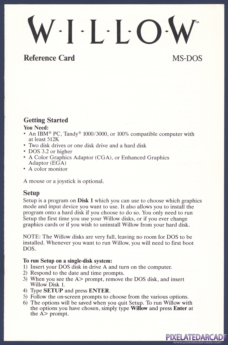 Willow: MS-DOS Reference Card - Page 1