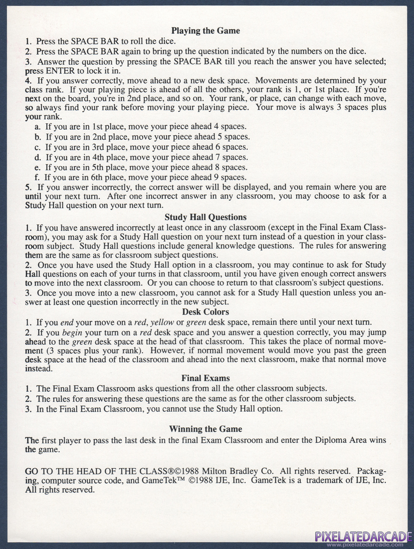 Go to the Head of the Class: Instruction Manual - Back