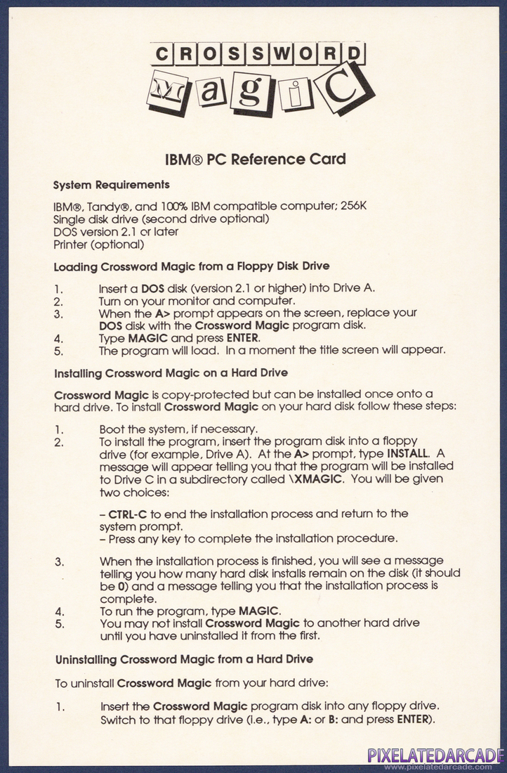Crossword Magic: IBM PC Version Reference Card - Front