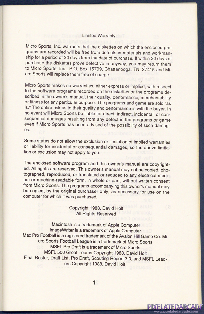 MSFL Pro League Football: Instruction Manual - Page 1