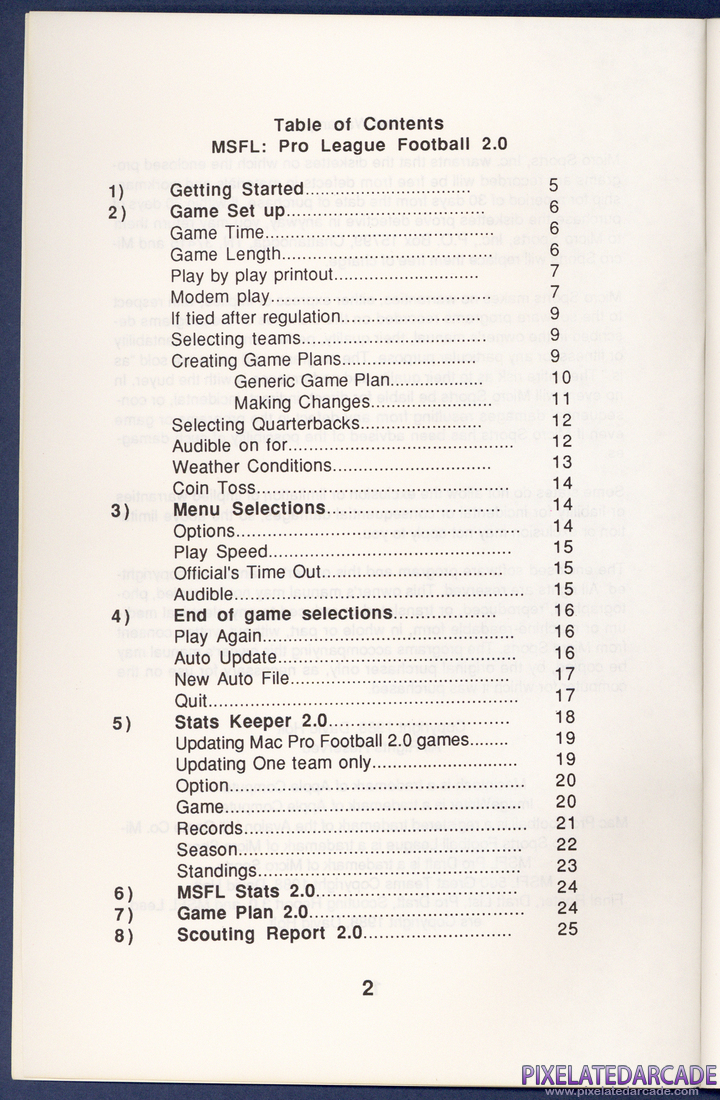 MSFL Pro League Football: Instruction Manual - Page 2