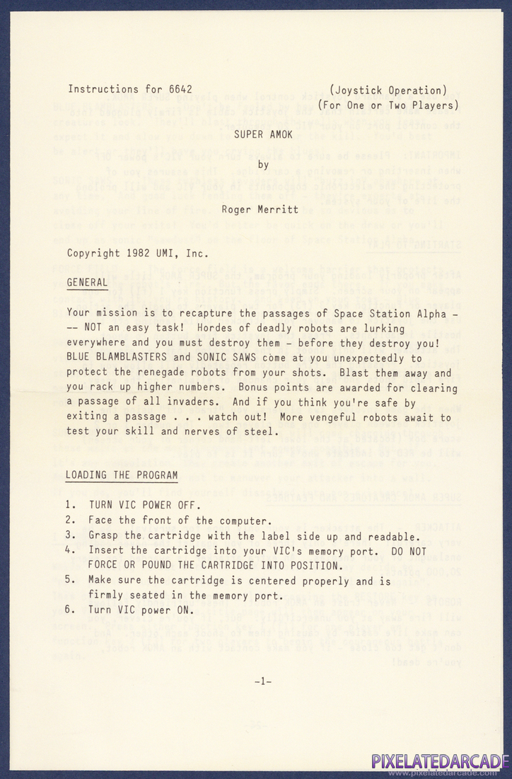 Super Amok: Instruction Manual - Page 1