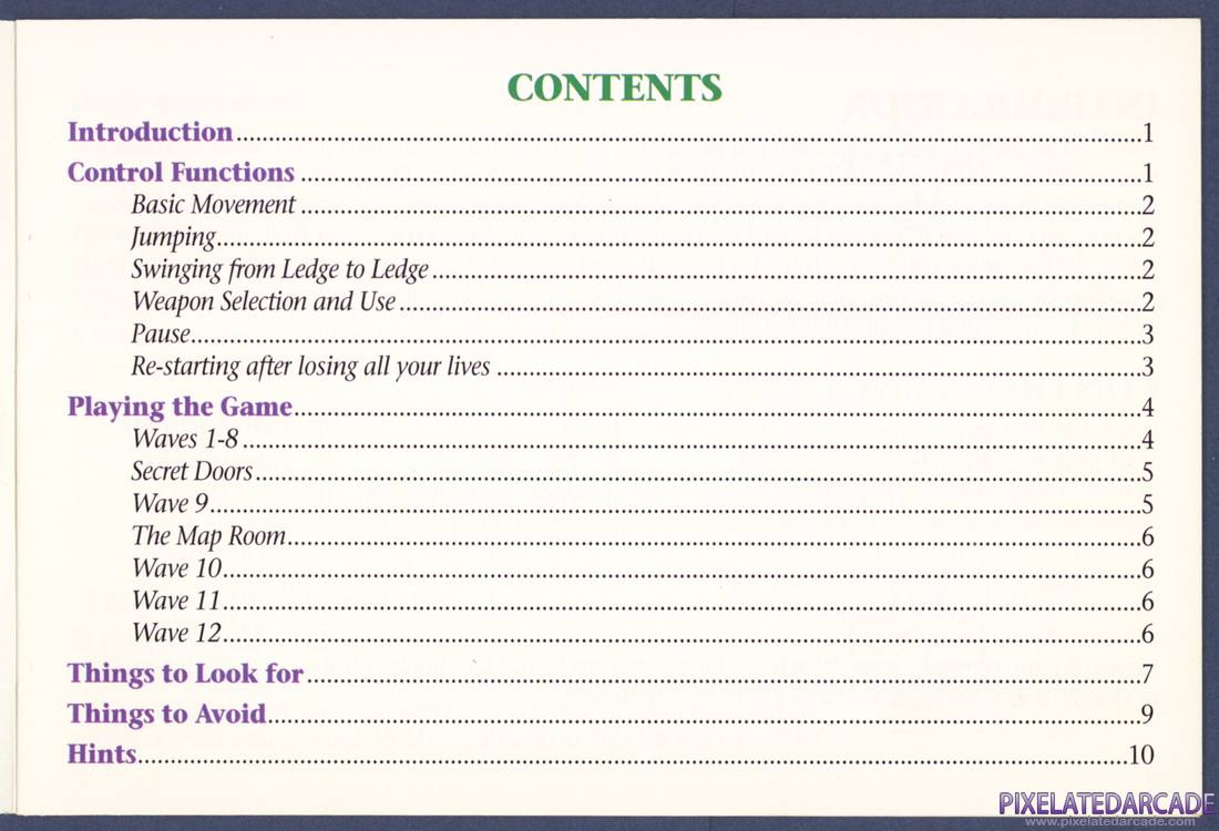 Indiana Jones and the Temple of Doom: Instruction Manual - Table of Contents