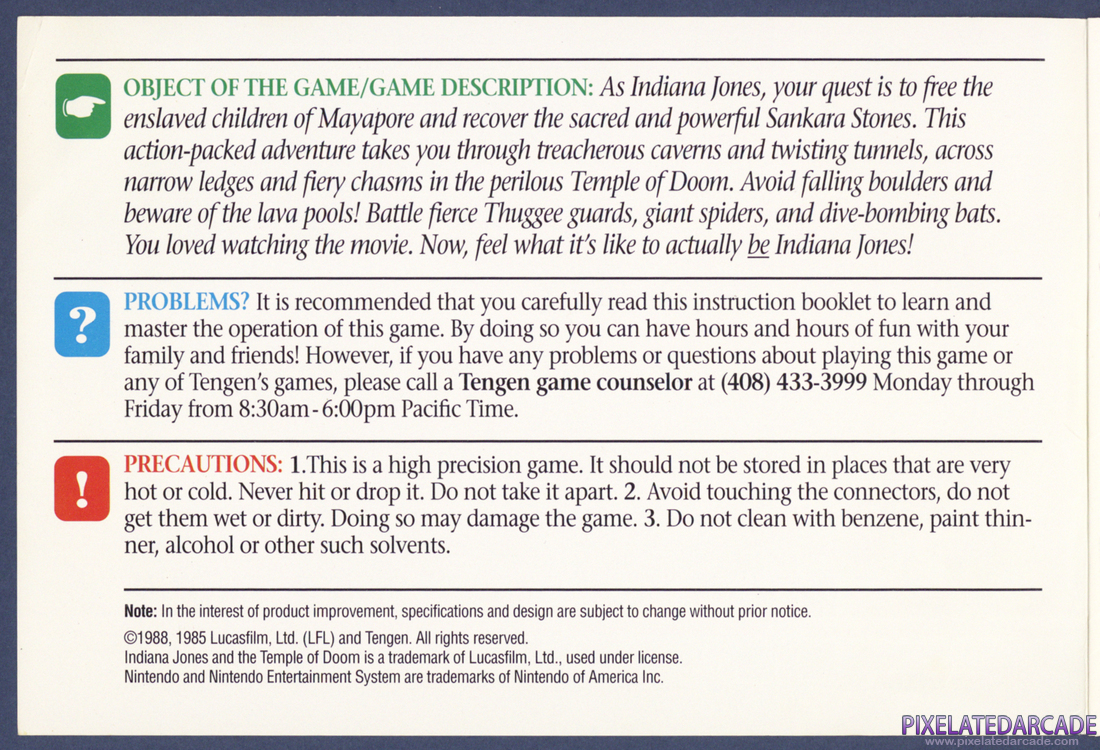Indiana Jones and the Temple of Doom: Instruction Manual - Inside Cover