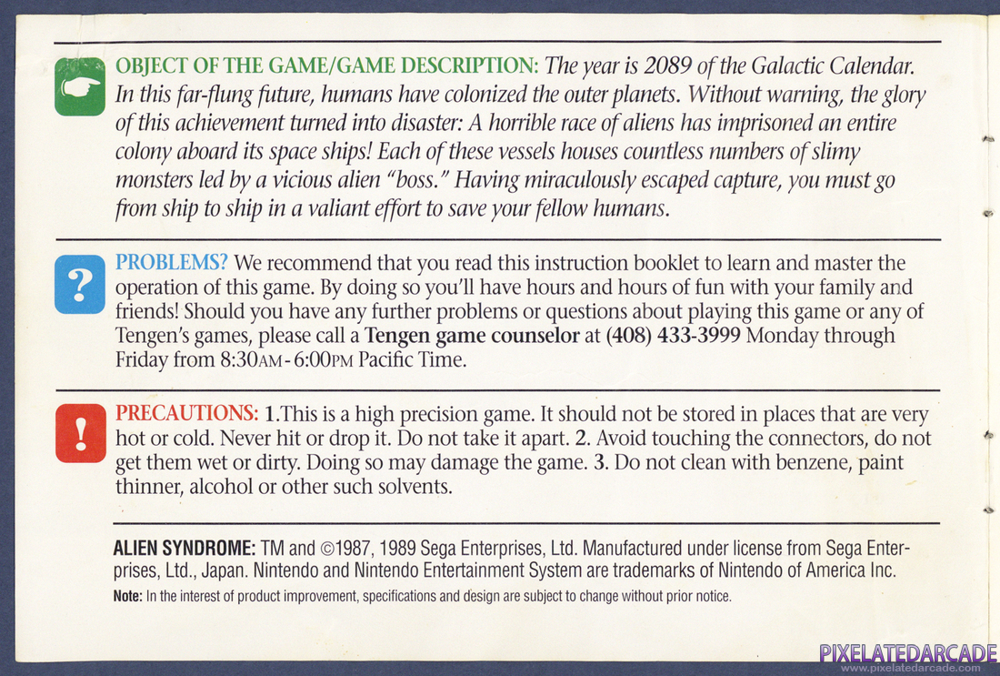 Alien Syndrome: Instruction Manual - Inside Cover