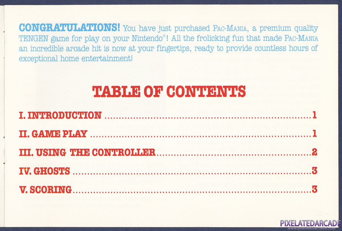 Pac-Mania: Instruction Manual - Table of Contents