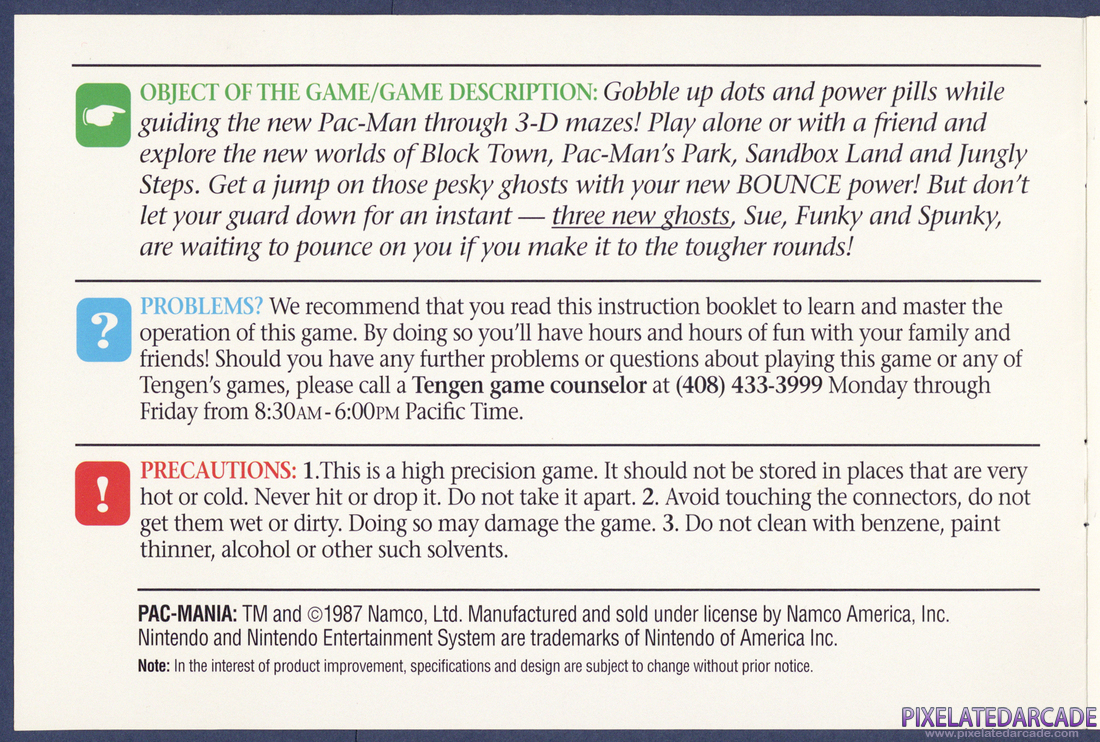Pac-Mania: Instruction Manual - Inside Cover