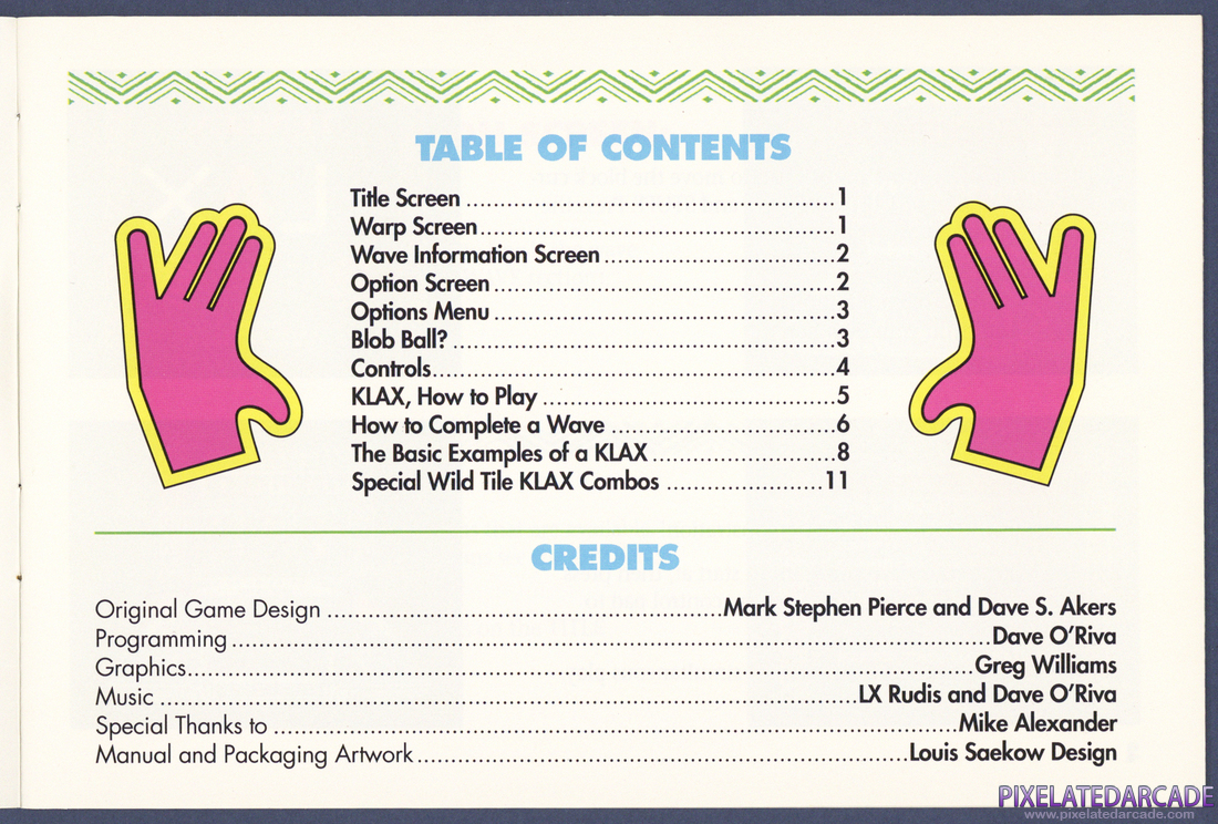 Klax: Instruction Manual - Table of Contents