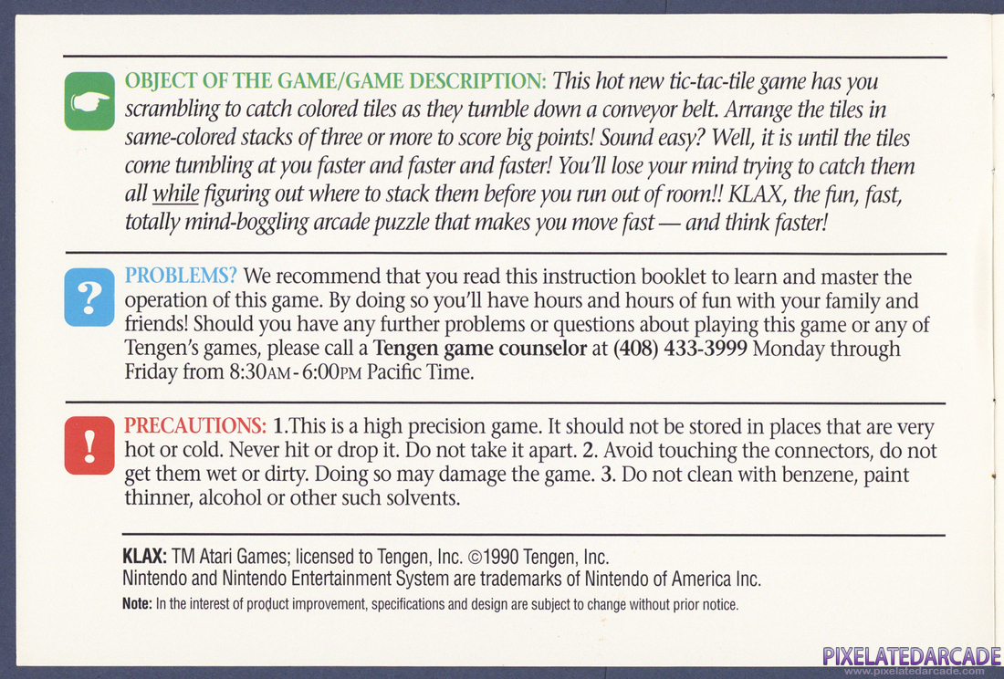 Klax: Instruction Manual - Inside Cover