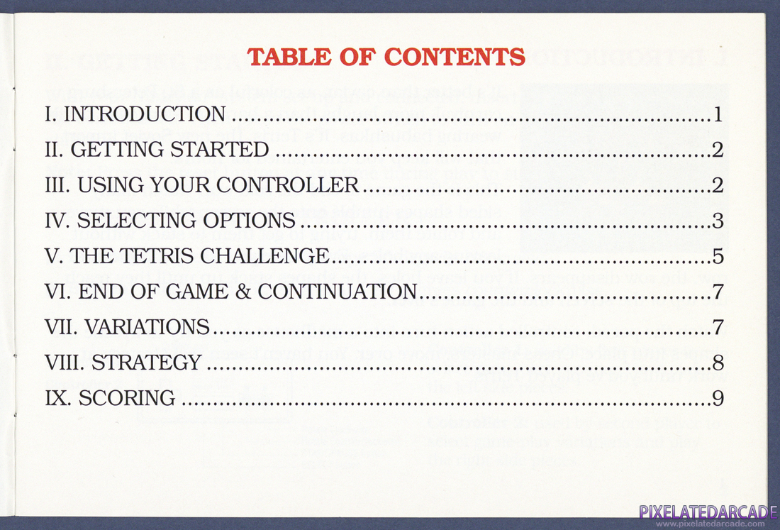 Tetris: Instruction Manual - Table of Contents