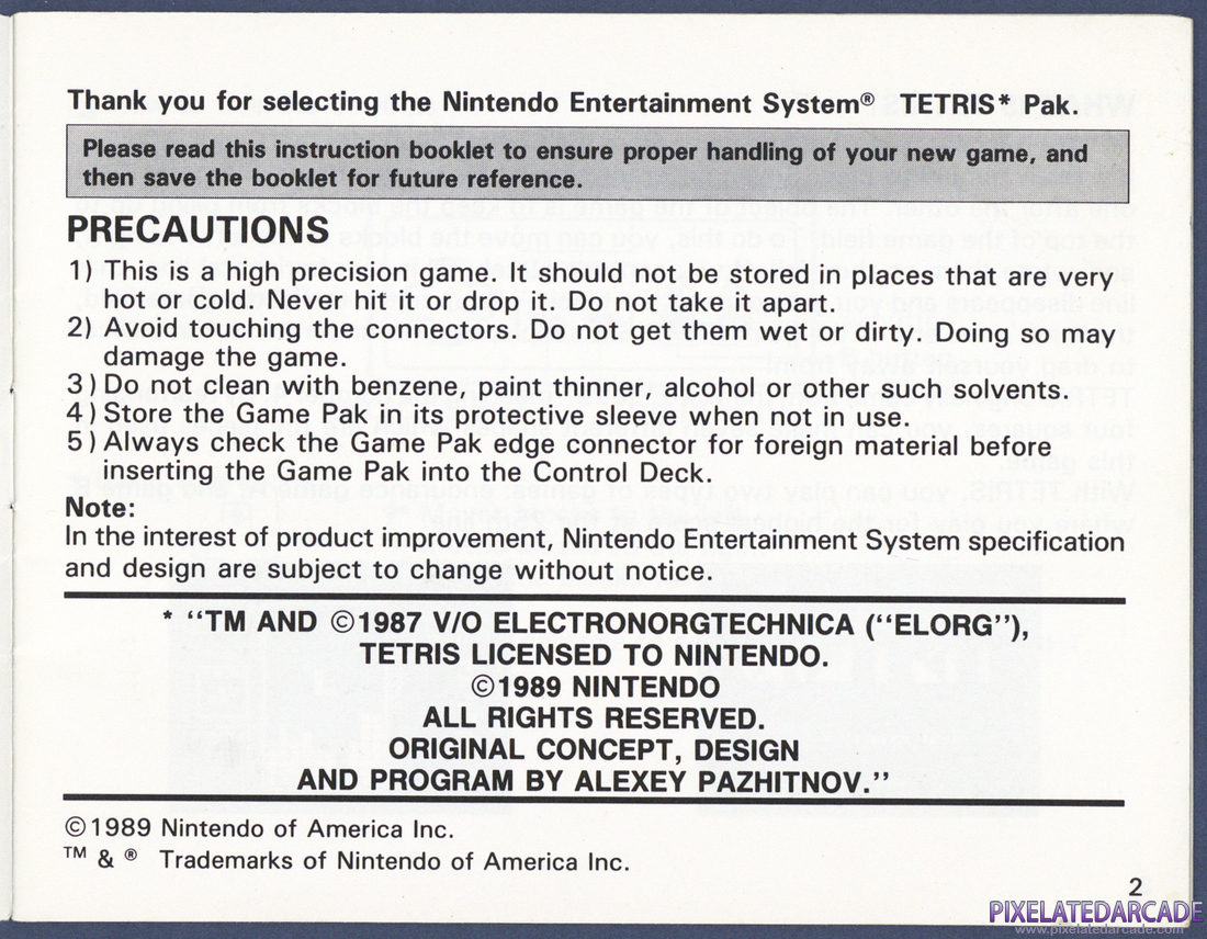 Tetris: Instruction Manual - Page 2