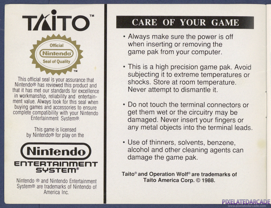 Operation Wolf: Instruction Manual - Inside Cover