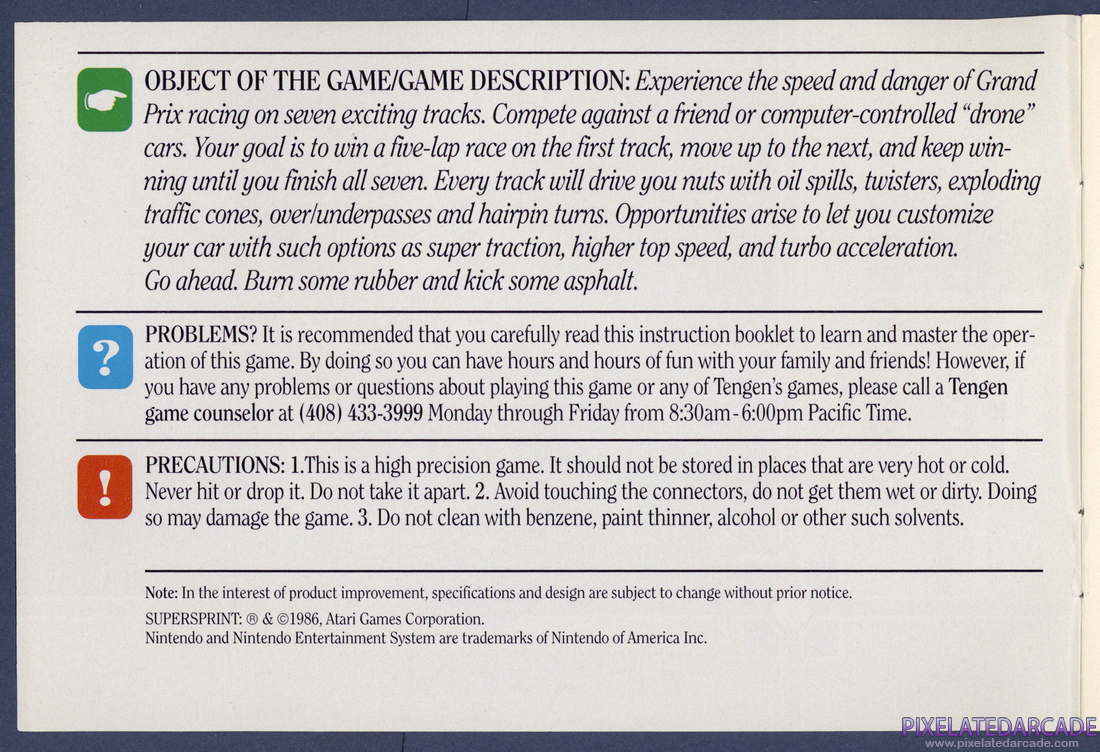 Super Sprint: Instruction Manual - Inside Cover