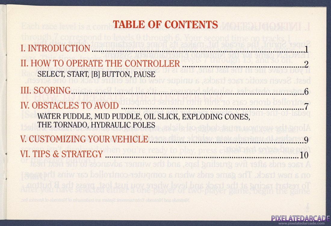 Super Sprint: Instruction Manual - Table of Contents