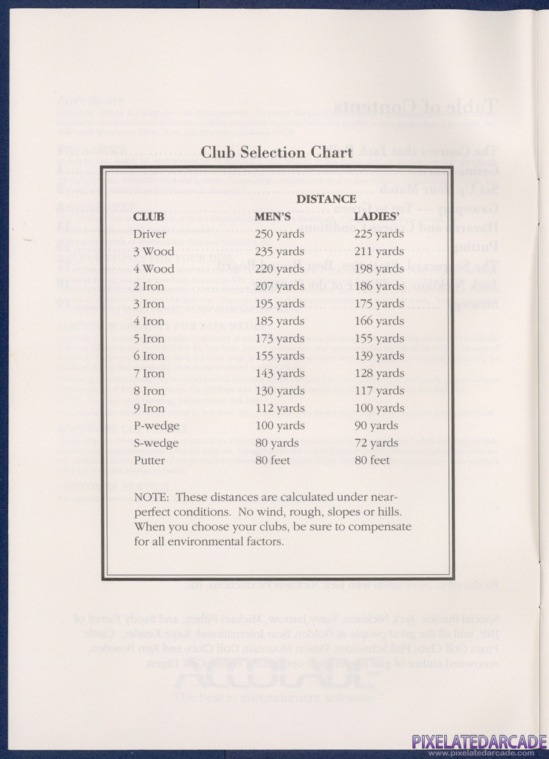 Jack Nicklaus' Greatest 18 Holes of Major Championship Golf: Instruction Manual - Club Selection Chart