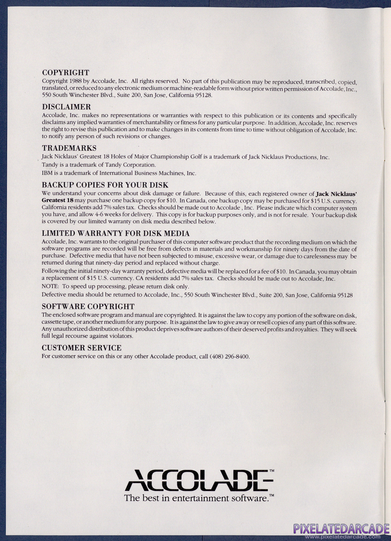 Jack Nicklaus' Greatest 18 Holes of Major Championship Golf: Instruction Manual - Copyright Page