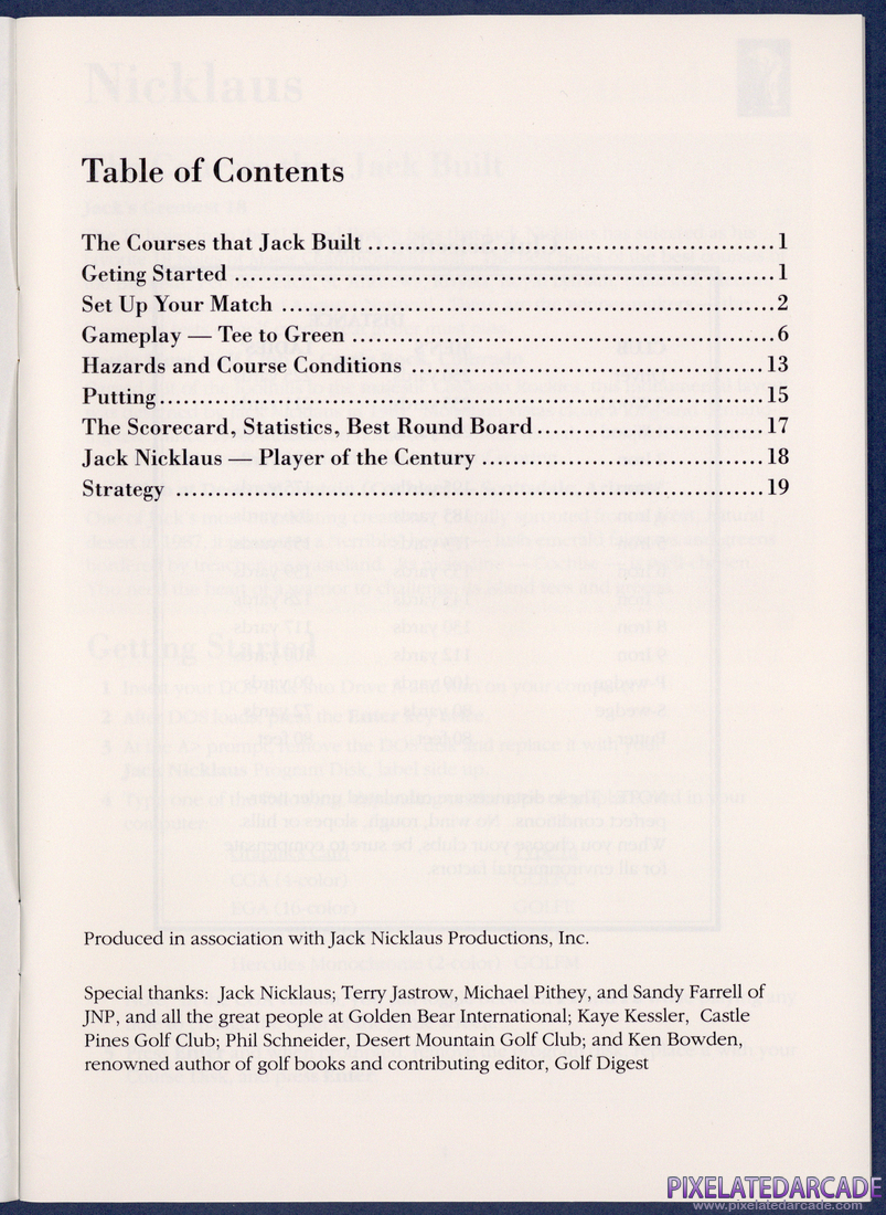 Jack Nicklaus' Greatest 18 Holes of Major Championship Golf: Instruction Manual - Table of Contents