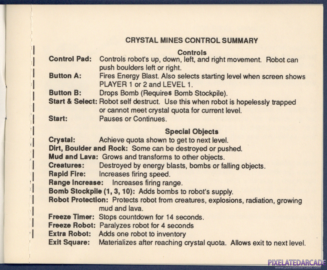 Crystal Mines: Instruction Manual - Control Summary