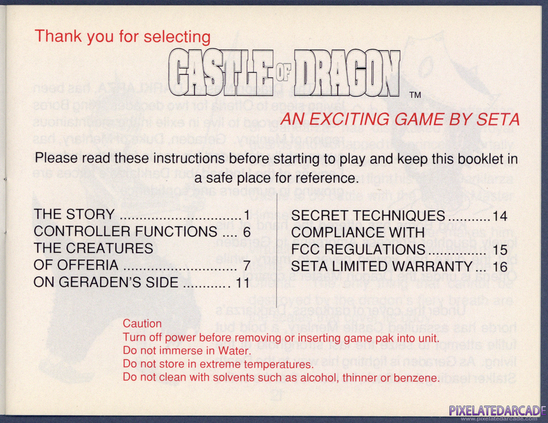 Castle of Dragon: Instruction Manual - Table of Contents