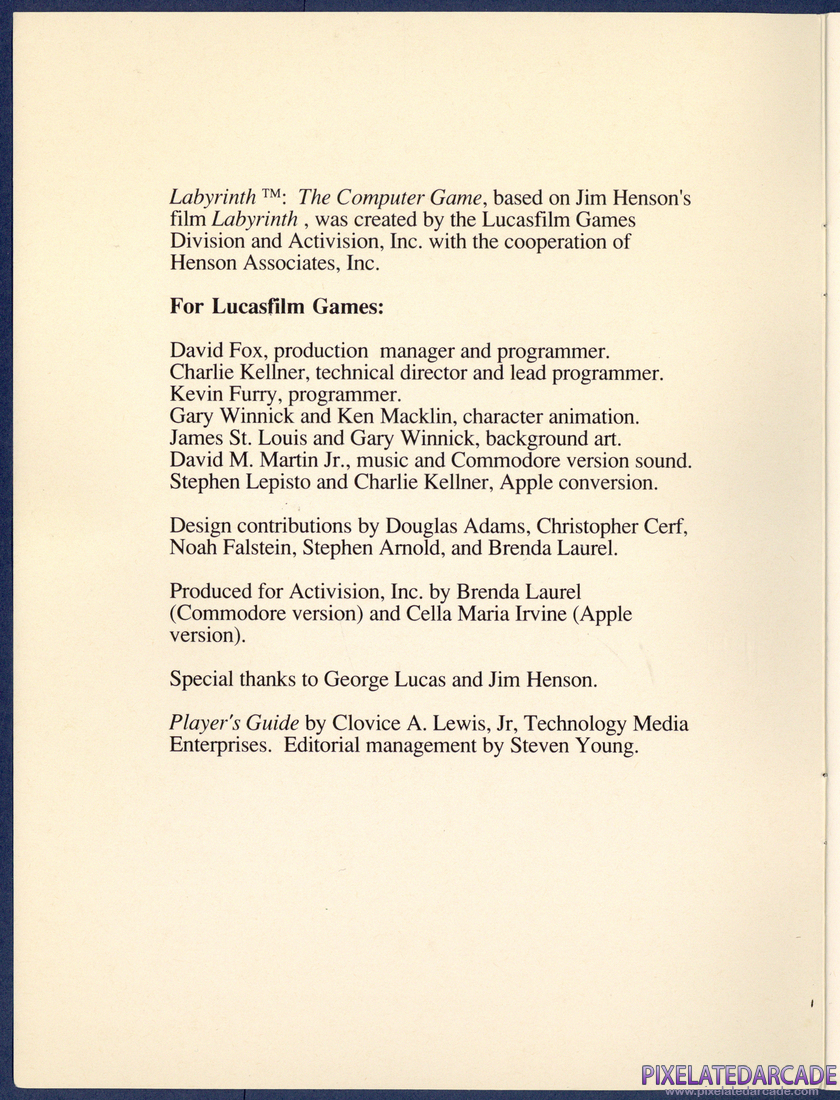Labyrinth: The Computer Game: Instruction Manual - Credits Page