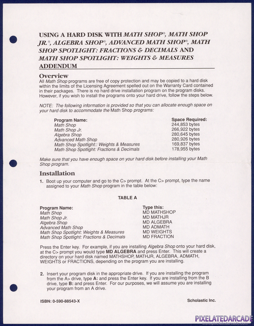 Math Shop: Instruction Manual - Addendum Front