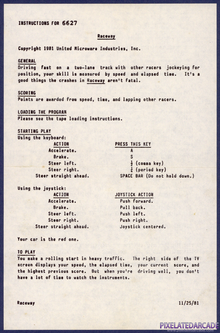 Raceway: Instructions - Front