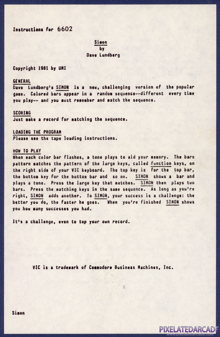 Simon: Instructions - Front