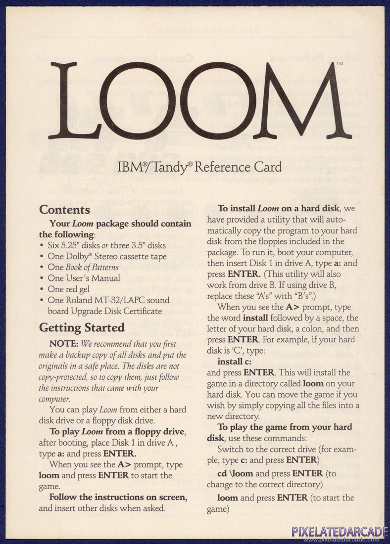 Loom: IBM/Tandy Reference Card - Page 1