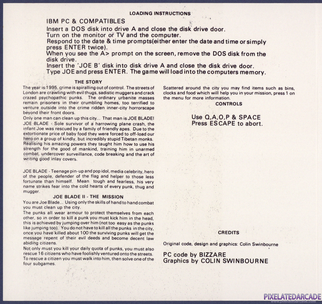 Joe Blade II: Instruction Manual - Page 1