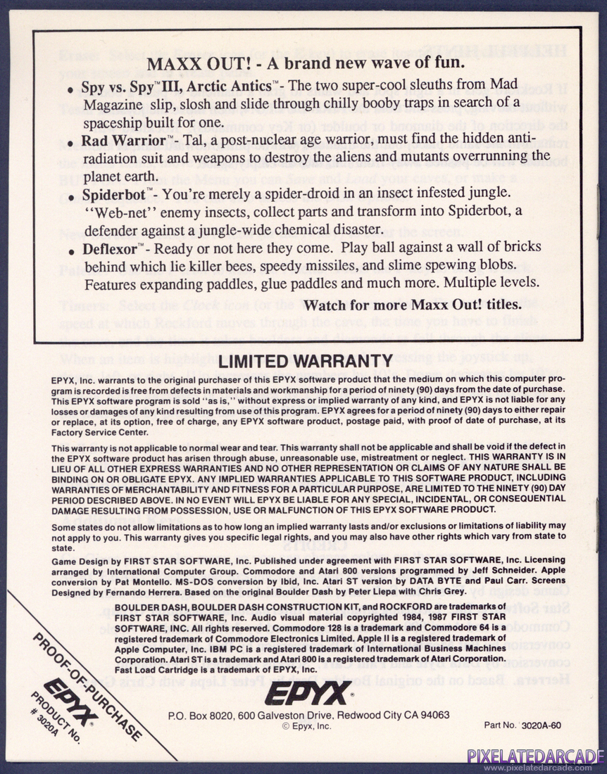 Boulder Dash Construction Kit: Instruction Manual - Back Cover