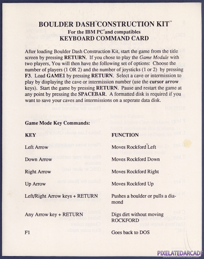 Boulder Dash Construction Kit: IBM Keyboard Command Card - Page 1