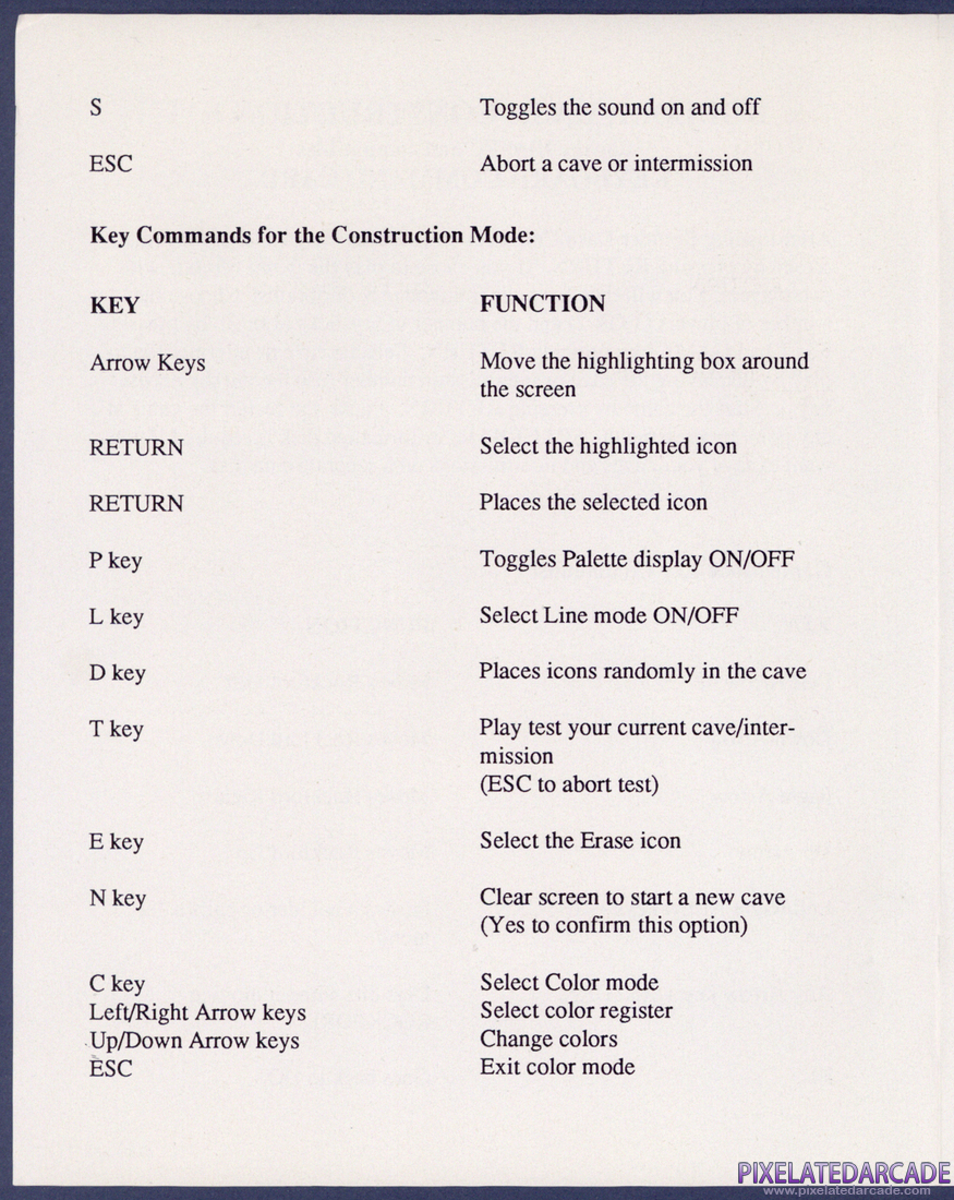 Boulder Dash Construction Kit: IBM Keyboard Command Card - Page 2