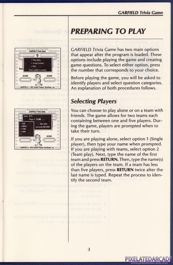 Garfield Trivia Game: User's Guide - Page 3