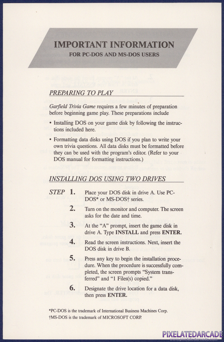 Garfield Trivia Game: IBM PC Version Addendum - Page 1
