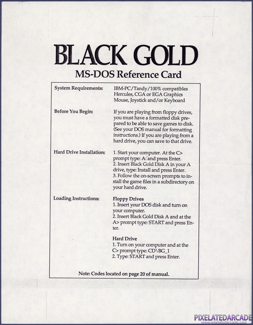 Black Gold: MS-DOS Reference Card - Front