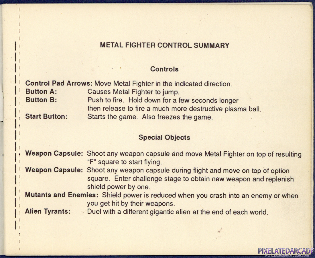 Metal Fighter: Instruction Manual - Control Summary