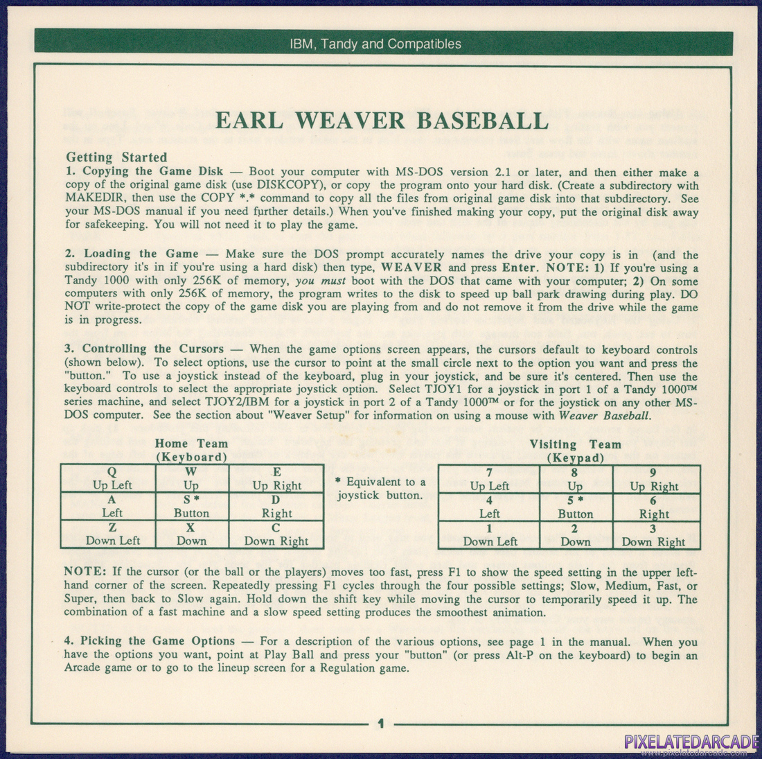 Earl Weaver Baseball: IBM / Tandy Reference Card - Page 1
