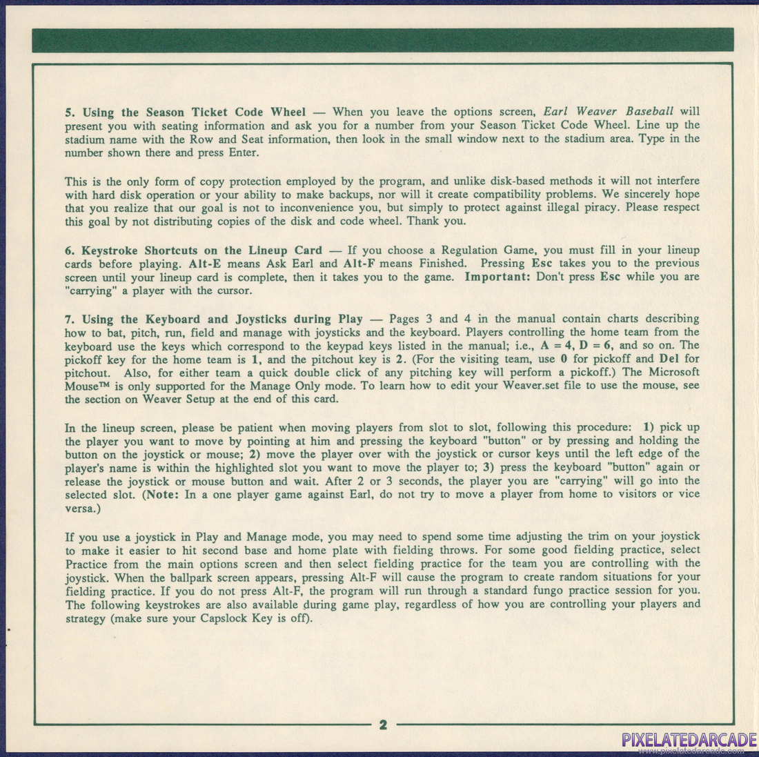 Earl Weaver Baseball: IBM / Tandy Reference Card - Page 2