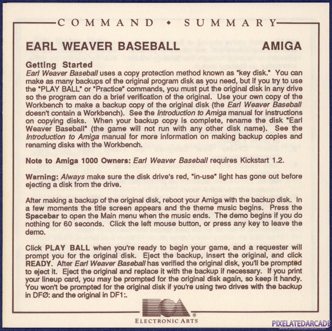 Earl Weaver Baseball: Amiga Reference Card - Page 1