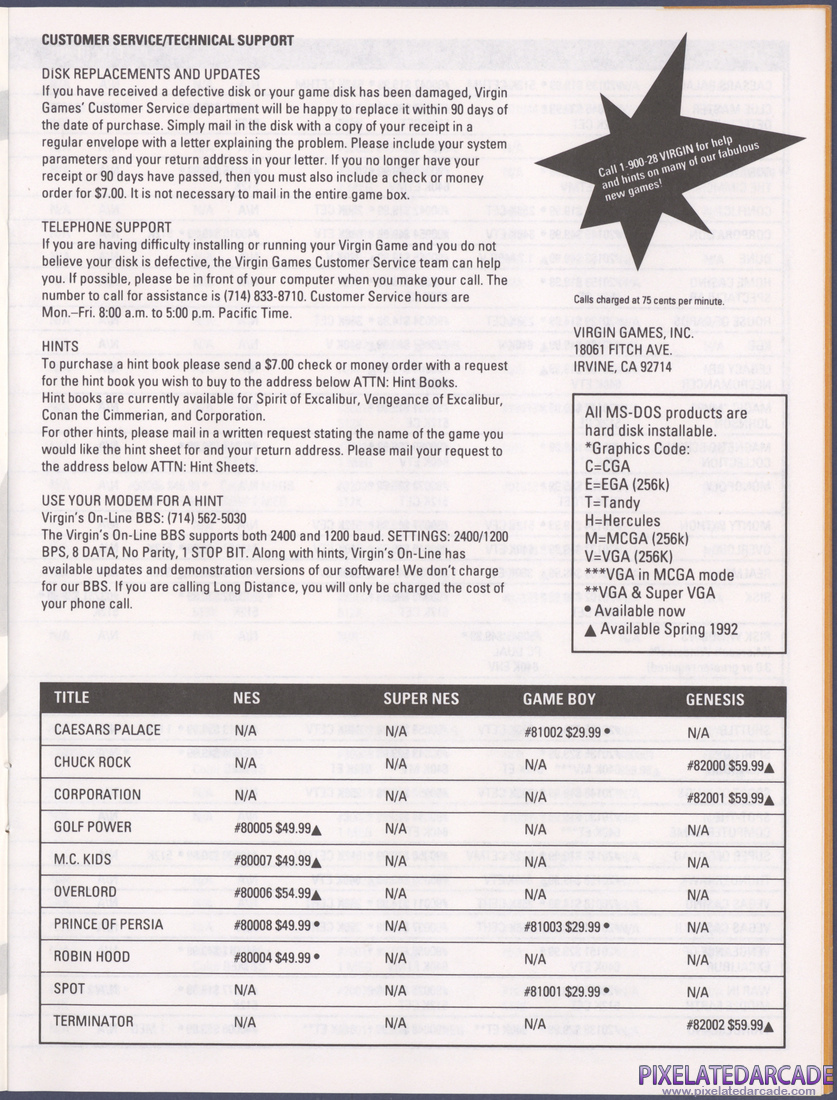 Virgin Games, Inc.: 1992 Product Catalog - Insert Page 1