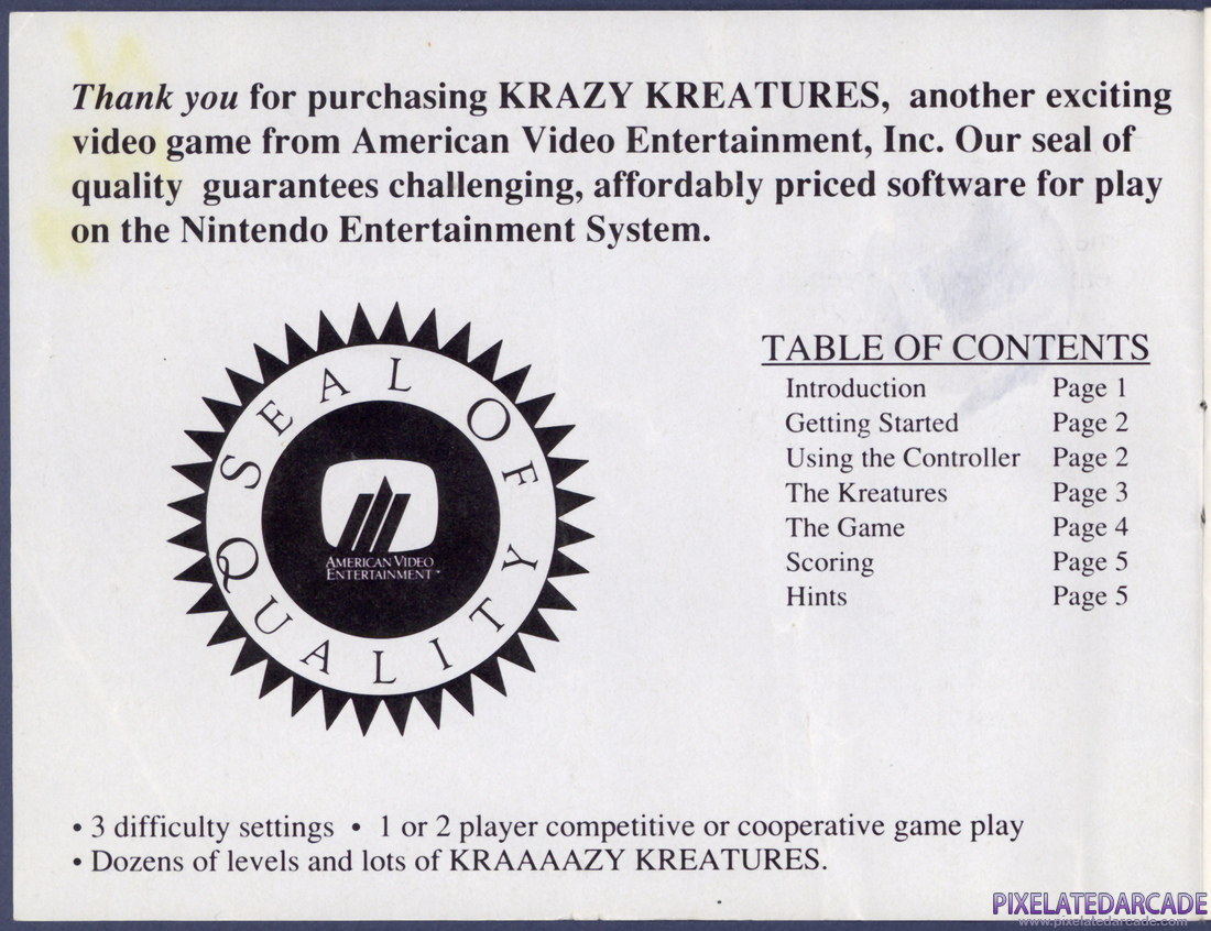 Krazy Kreatures: Instruction Manual - Table of Contents