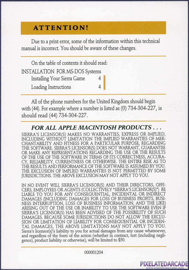 Space Quest V: The Next Mutation: Sierra Game Manual - Addendum